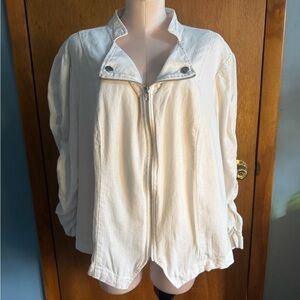 Beverly Drive Women's off white Zip-Up linen blend jacket ruched sleeves.
